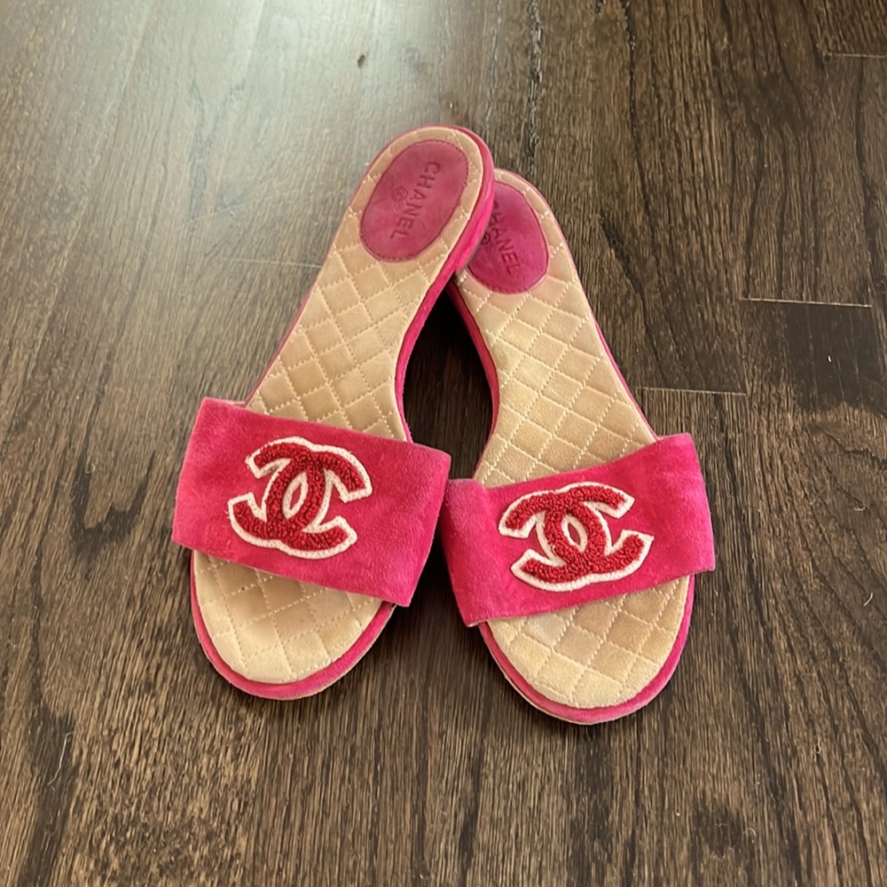 Hot pink suede Chanel’s.